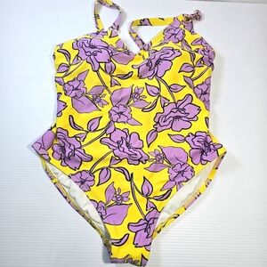 Swimsuits For All Gabi Fresh One Piece yellow purple Floral Sz 20D GOLD HARDWARE